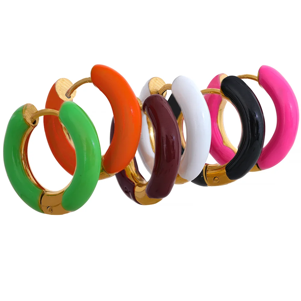 JINYOU 306 20mm Trendy Orange Green Enamel Stainless Steel Round Hoop Huggie Earrings Bright Color Charm Fashion Summer Jewelry