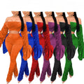 Women Slash Neck Off Shoulder Long Sleeve Tube Top and Ruched Pants Two Piece Classy Suits Female Solid Sexy Slim Top Two Piece