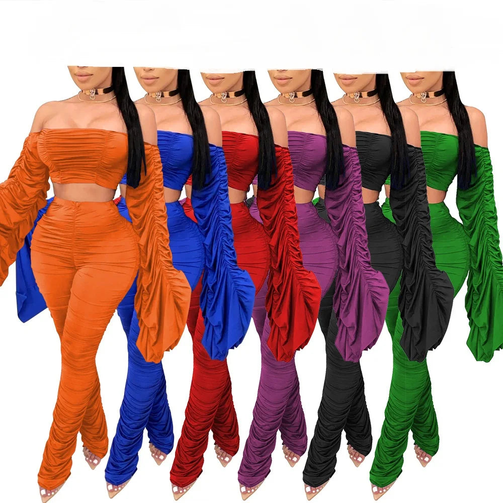 Women Slash Neck Off Shoulder Long Sleeve Tube Top and Ruched Pants Two Piece Classy Suits Female Solid Sexy Slim Top Two Piece