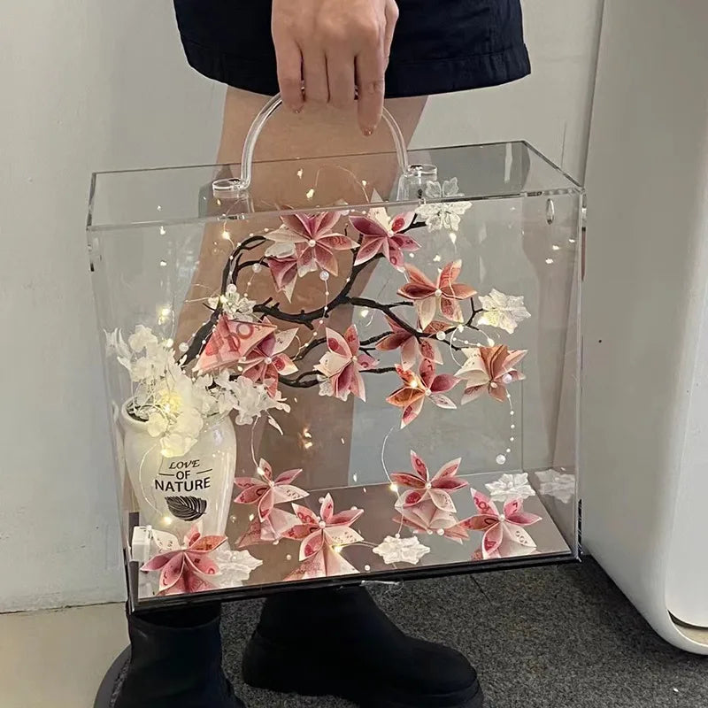 Modern Eco-Friendly Clear Acrylic Flowers Box Preserved Roses Foldable Design Mirror Bottom-Portable Christmas Valentine's Day