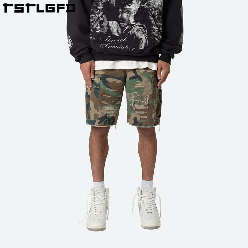 Hot Selling Men's Distressed Print Cotton Cargo Camo Shorts Custom Logo Summer Full DTG 100% Vintage Denim Cut and Sew Style