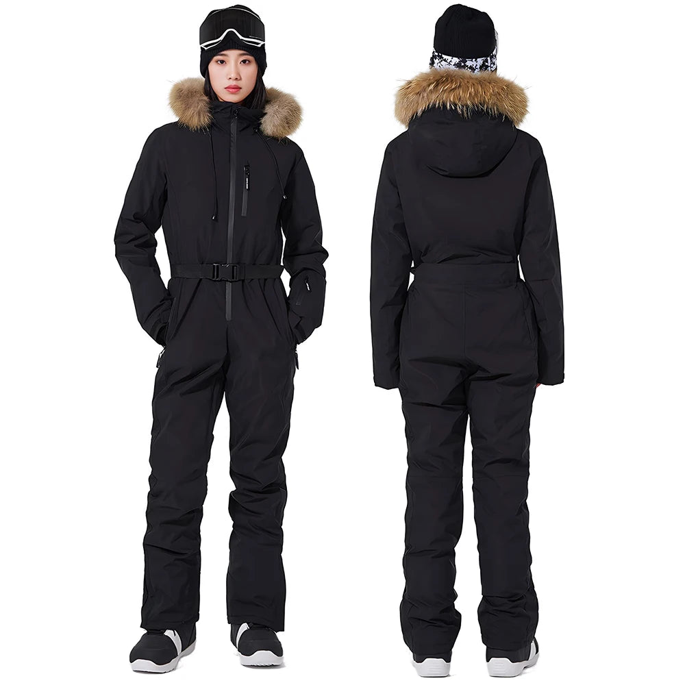 Women's Winter Breathable Ski & Snow Jumpsuit Waterproof and Windproof Outdoor Overalls with Fur One Piece Snowboard Wear