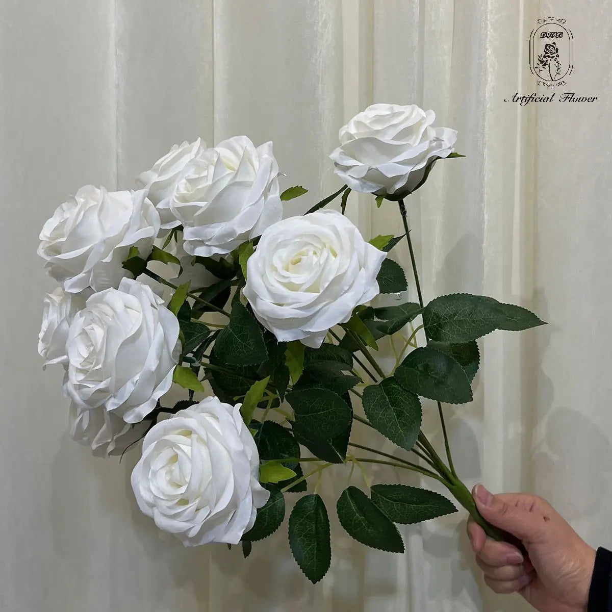 DKB Romantic Artificial 9 Heads White Pink Red Silk Rose Bunch Flower Bouquet for Wedding Party Home Decoration Raw Material