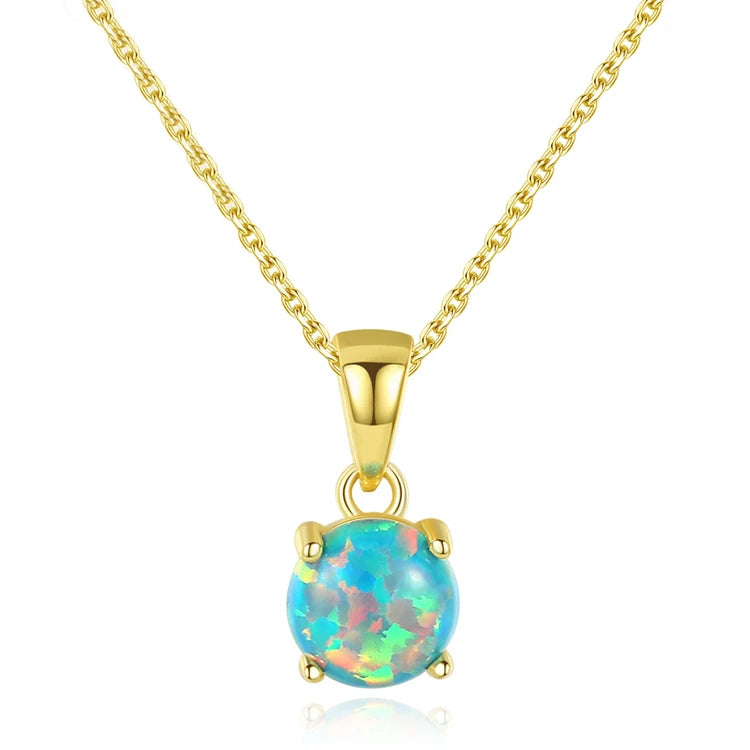 Trendy 925 Sterling Silver 18k Gold Plated Natural Round Fire Opal Pendant Necklace for Women Girls