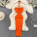 One Size Temperament Hanging Neck Hollow Tight Backless Sleeveless Dress Mid Length Slit Buttocks Wrapped Knit Bottom Dress