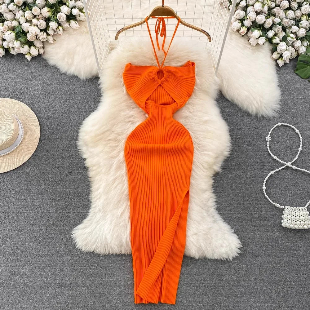 One Size Temperament Hanging Neck Hollow Tight Backless Sleeveless Dress Mid Length Slit Buttocks Wrapped Knit Bottom Dress