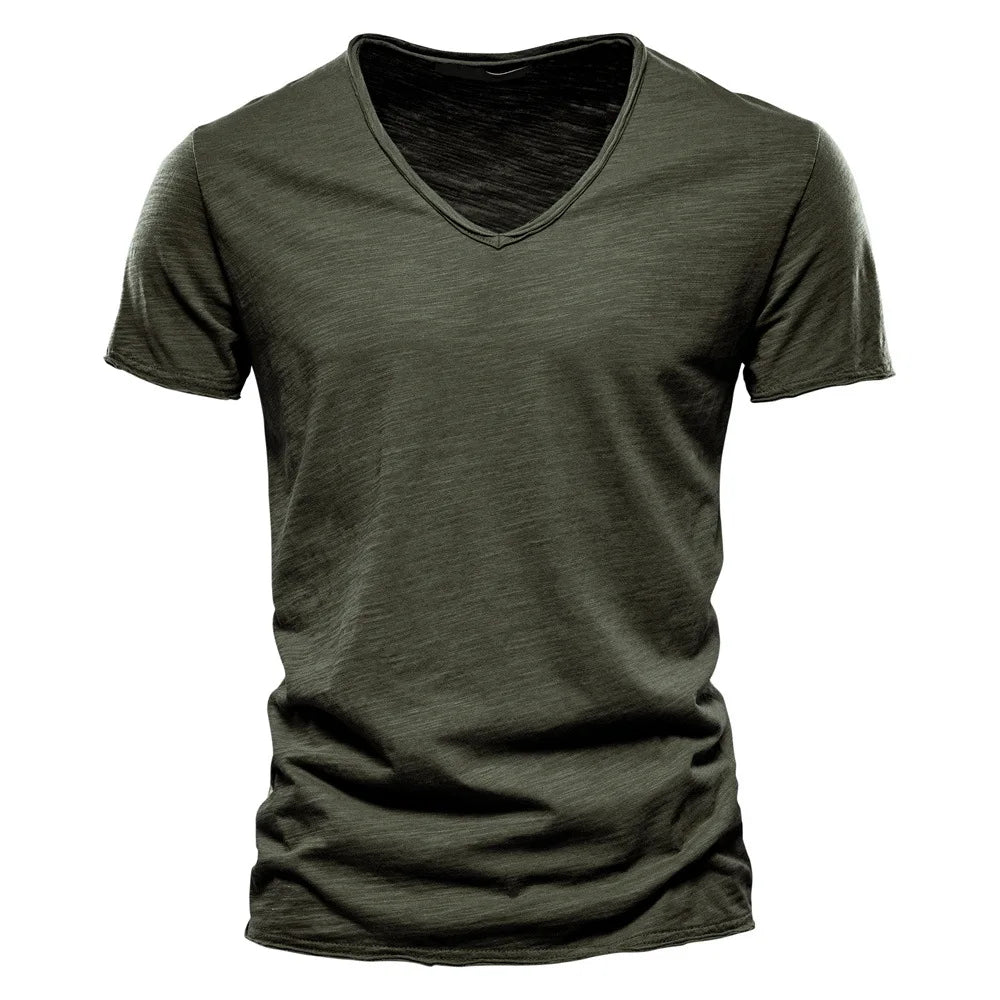 2025 High Quality 100% Cotton V-Neck Plus Size Knitted Blank Design Printed Custom Logo Men's T-Shirts MegaBDM