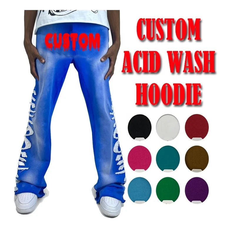 Custom Acid Wash Embroidery Sweatpants logo Cotton Oversized Pants Mens Flare Sweatpants Acid Vintage Wash Sweatpants