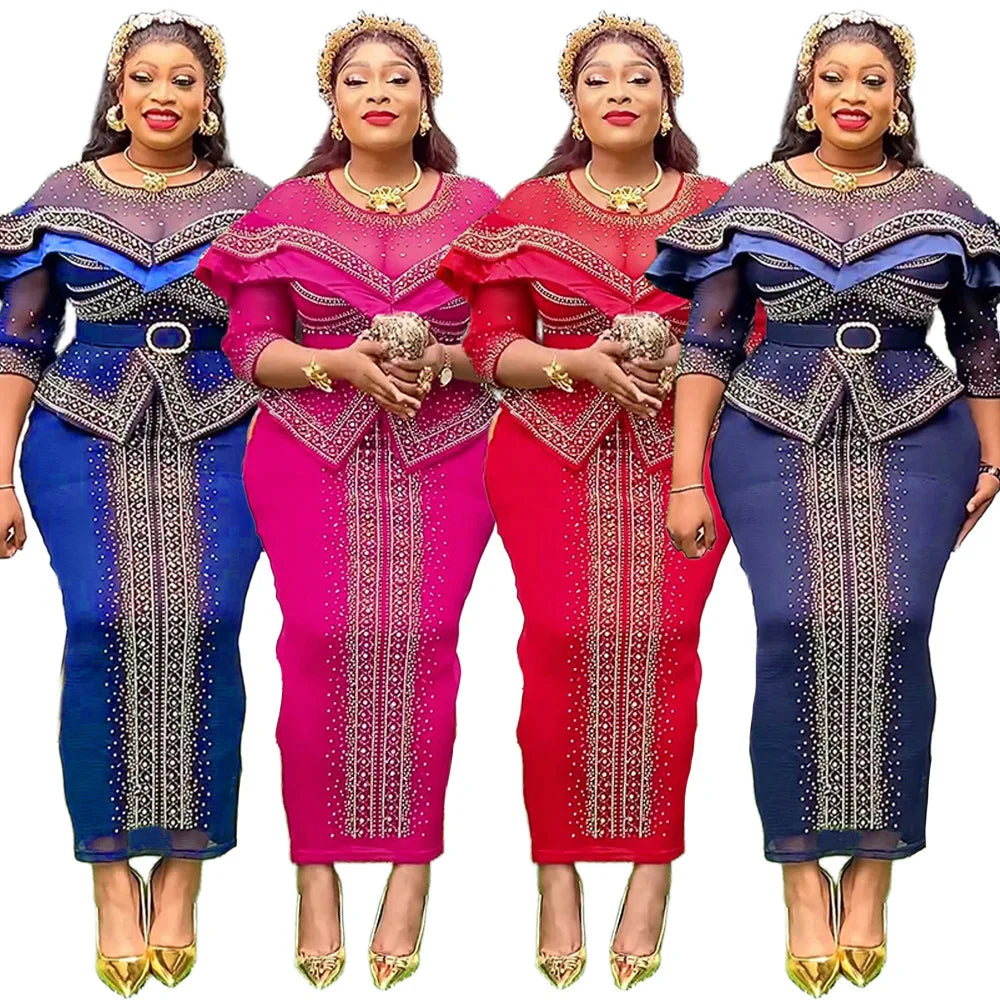 S10355 Luxury Plus Size Evening Dresses Elegant Rheinestone Bead Mesh Patchwork Long Dresses African Church Dresses for Women