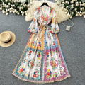 LW0999 2025 New Light Luxury Print Bubble Sleeve Dress Women'S Spring V-Neck Single Breasted Temperament Long Floral Dress