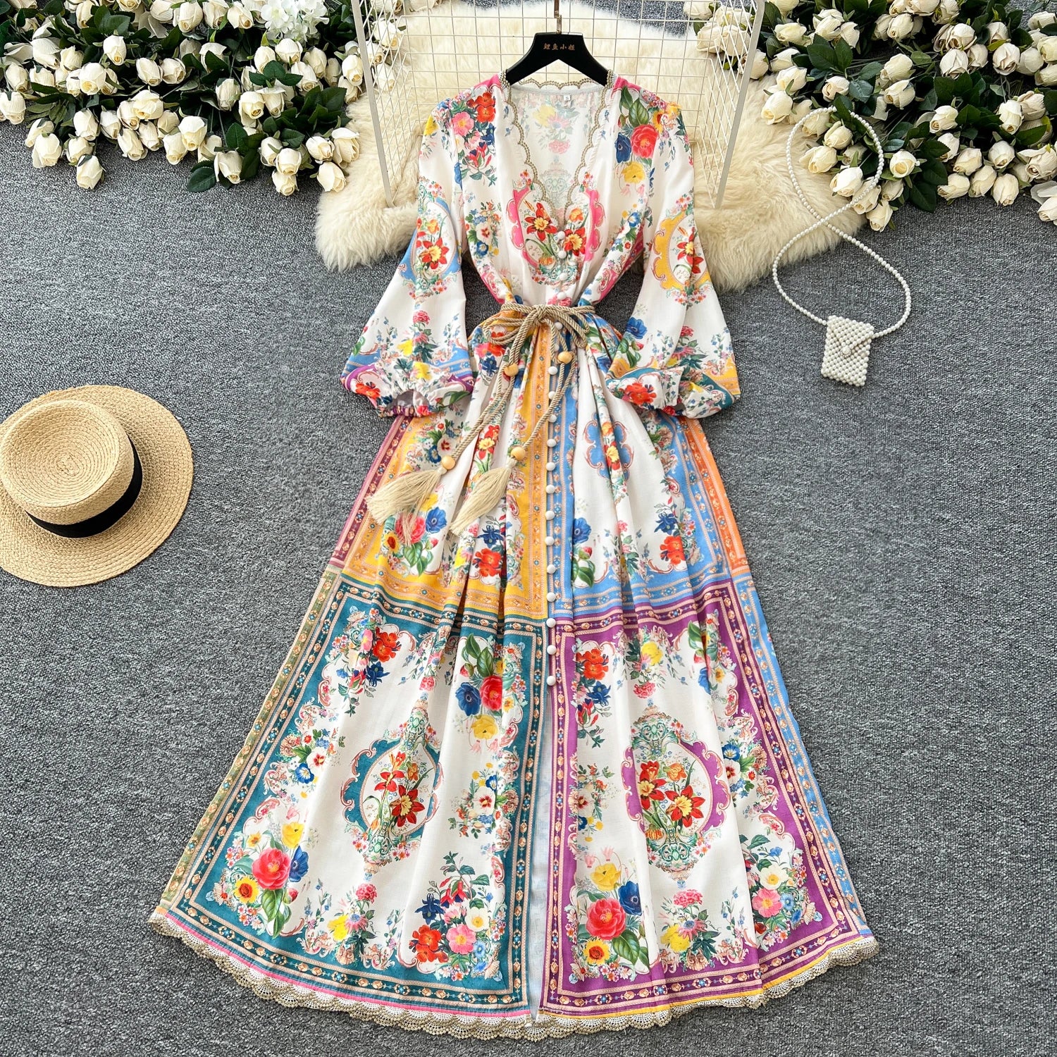 LW0999 2025 New Light Luxury Print Bubble Sleeve Dress Women'S Spring V-Neck Single Breasted Temperament Long Floral Dress