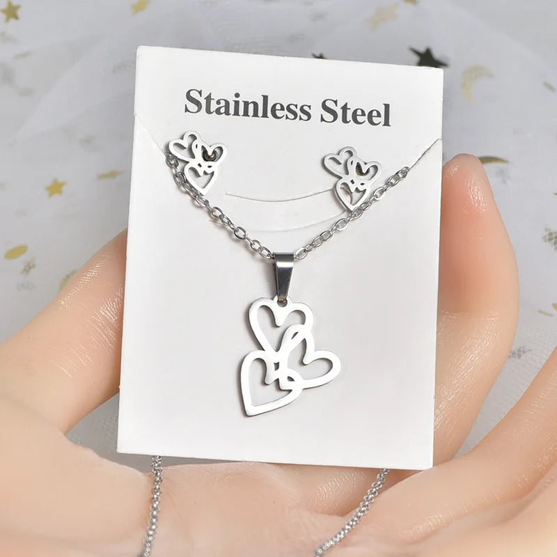 New Fashion Stainless Steel Necklace Silver Hollow Butterfly Girlfriend Gift Necklace Earring Jewelry Set for Unisex Accessories