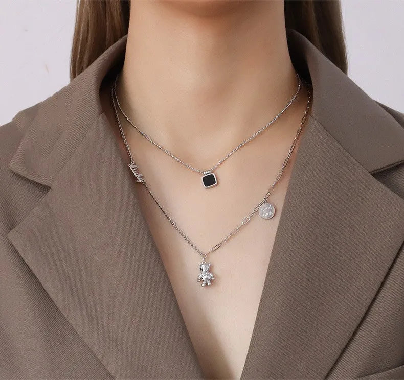 Women Long 18K Gold Plated Stainless Steel Round Charm Cute Bear Pendant Necklace