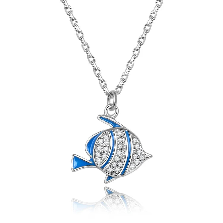 Fashion Trendy 925 Sterling Silver Necklaces 3A Cubic Zirconia Blue Enamel Fish Necklace for Women