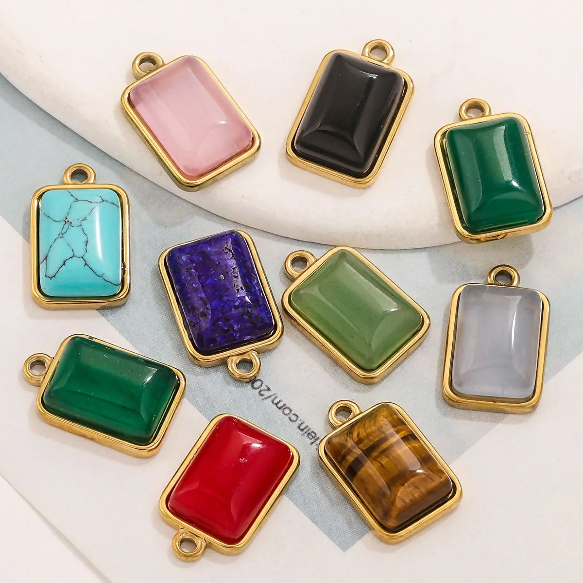 19*12mm Titanium Stainless Steel Rectangle Natural Gem Stone Jade Agate Healing Crystal Pendant for DIY Jewelry Making