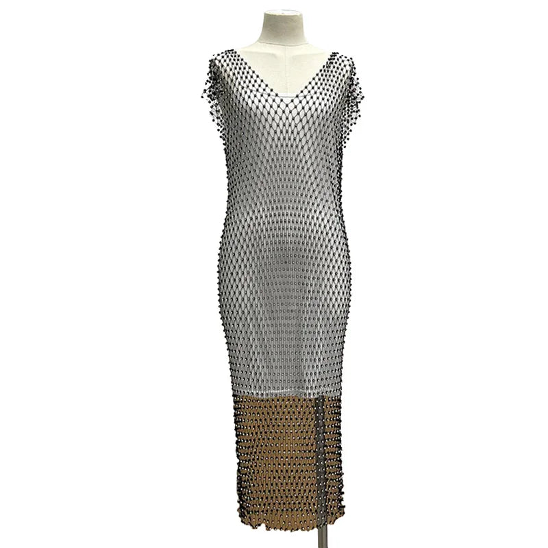 Bringbring New Fashion Club Dress Sequined Pearls Deep V-Neck Hollow Smock Tank Top Rhinestones Long Skirt Ball Gown Loose Upper