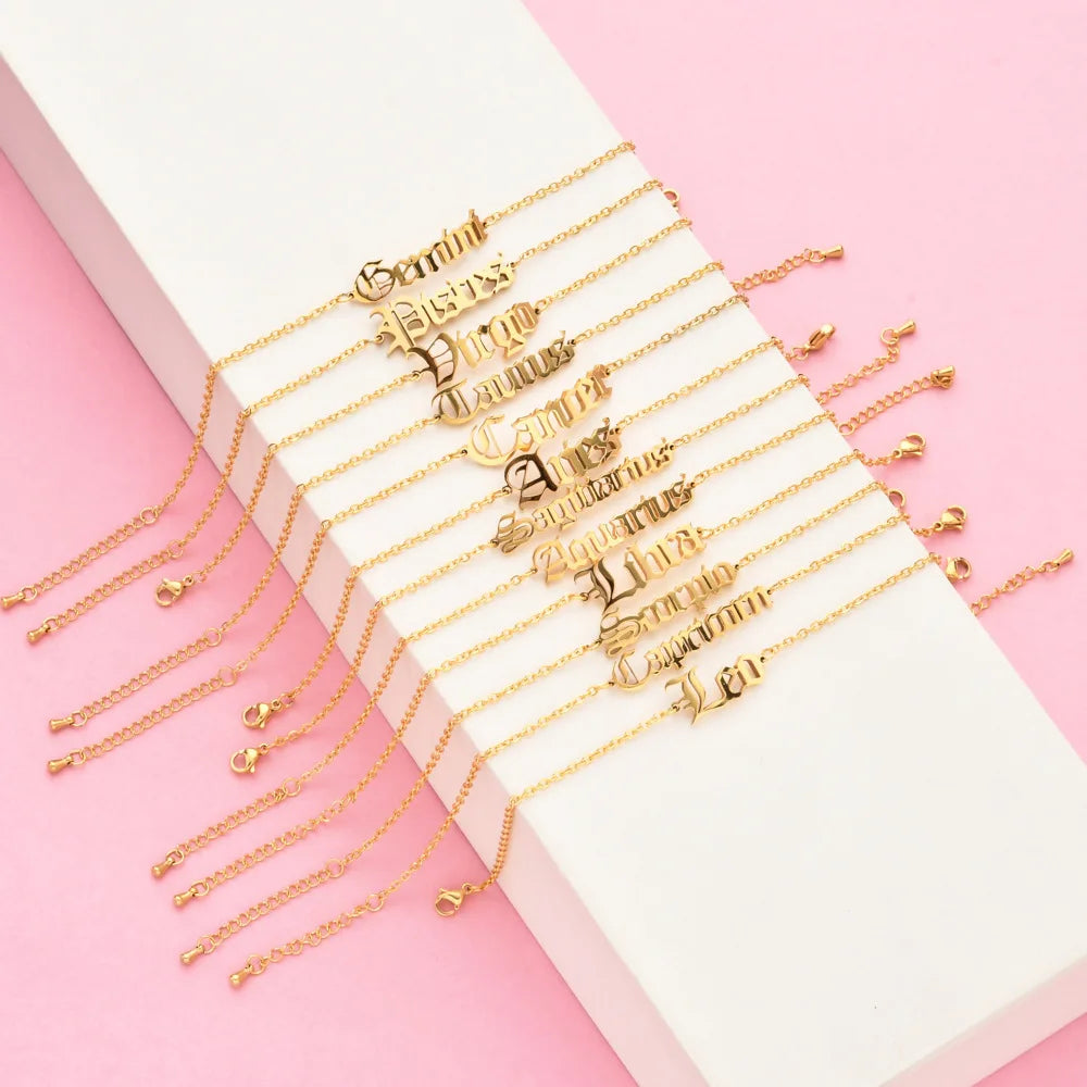HOVANCI 3 Fashion Personalized Jewelry Stainless Steel Gold Plated 12 Zodiac Signs Anklets for Women Letter Foot Chain Anklet