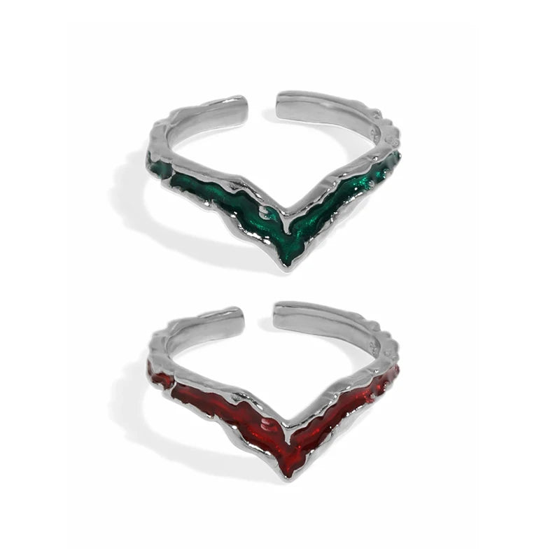 Irregular V Shaped Enamel Glaze Fine Opening Adjustable 925 Sterling Silver Finger Ring for Women