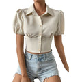 Apricot Bubble Short-sleeved Shirt Women Summer POLO Collar Lacing Design Short Niche Shirt