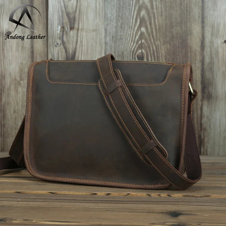 Retro Cowhide Men Square Shoulder Bag Handmade Crazy Horse Leather Casual Simple Sling Messenger Bags Genuine Cow Leather