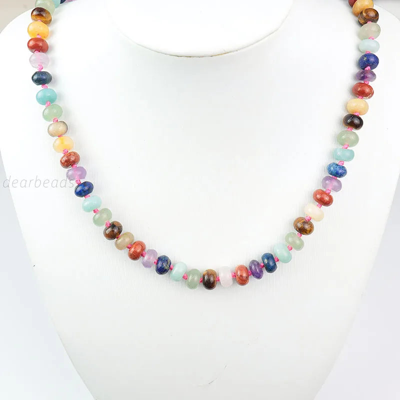 Wholesale Handmade 7 Chakra Knot Beaded Necklaces Healing Jewelry Gemstone With Stainless Steel Findings 5x8mm 48CM 18.5Inch
