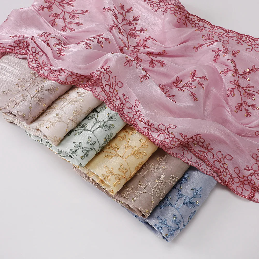 Turkish Luxury Heavy Work Embroidery Occassion Hijabs Foulard Musulman Femmes Pink Sequined Party Hijab