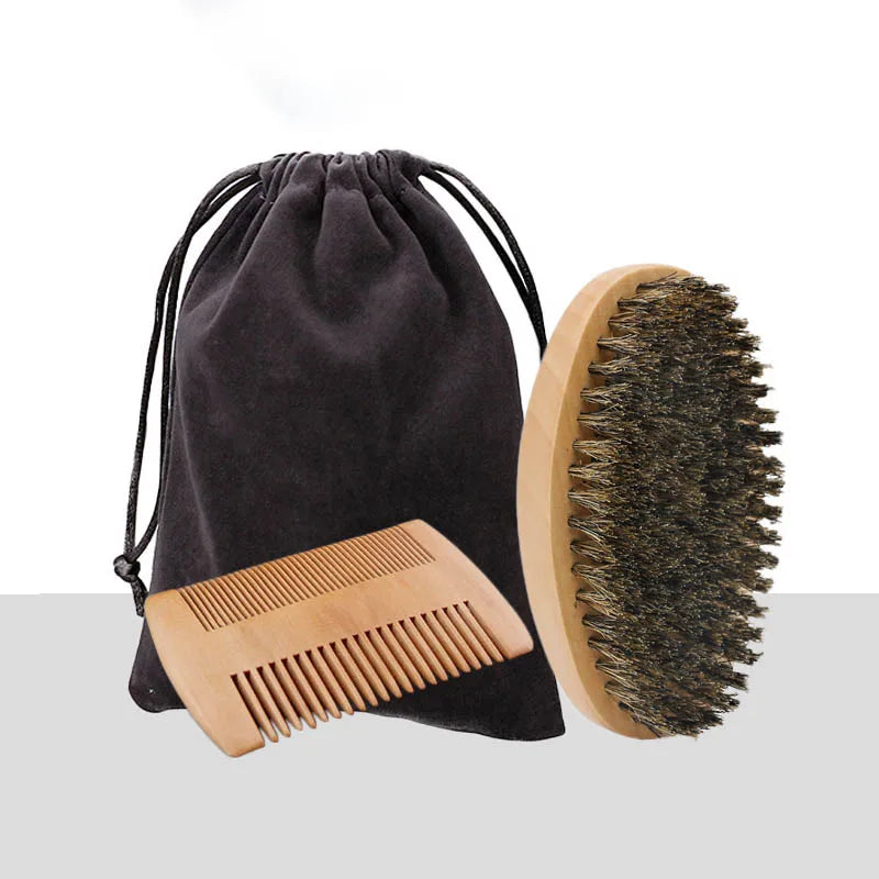 Custom Logo Beard Brush and Comb Set for Men Grooming Natural Boar Bristle Beard Brush Pear Wood Comb Beard Styling Tool As Gift