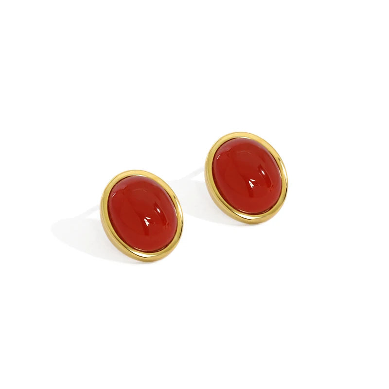 HED1266 Geometry Oval Created Agate Solid 925 Sterling Silver Stud Earrings Vintage Red Agate Earrings