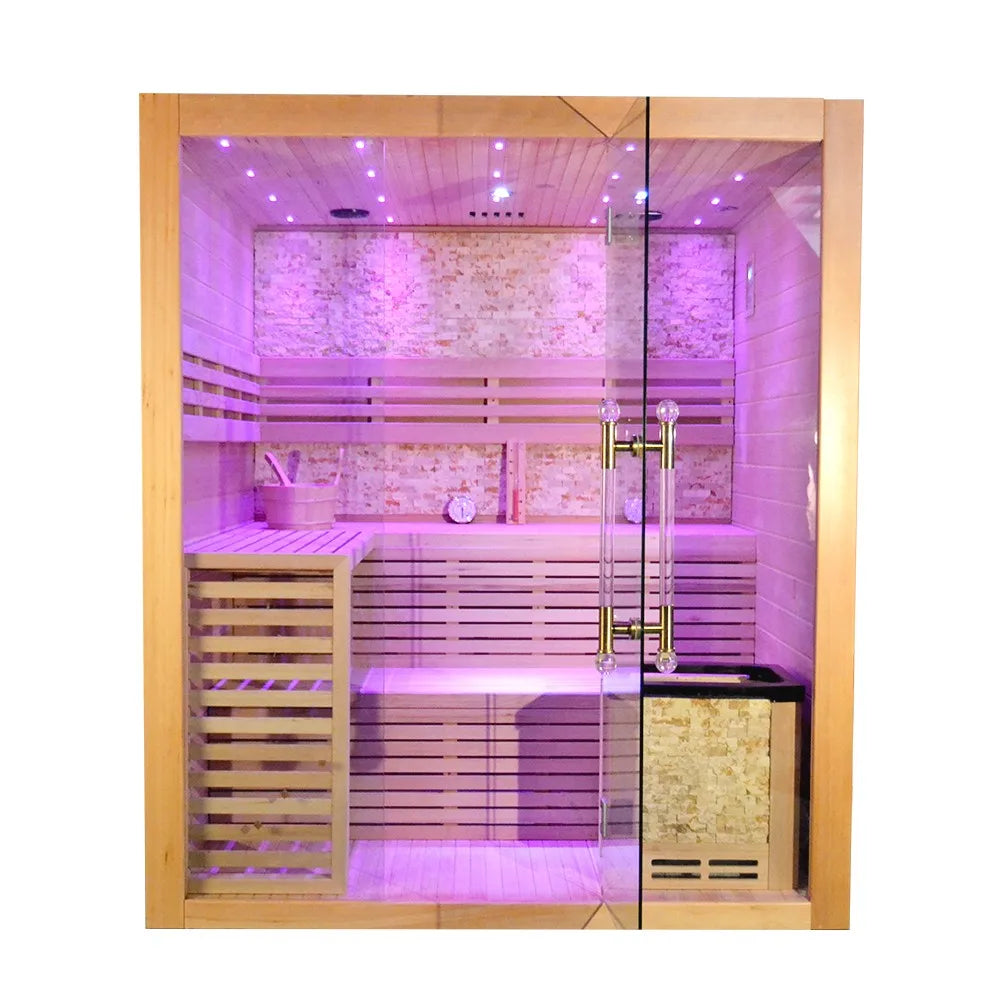 Hemlock/Red Cedar Indoor Steam Sauna Room With Cultural Stone