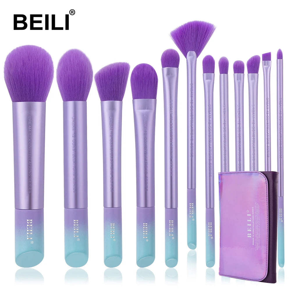For Purple Makeup Brush Set Natural Travel Holder Dense Kabuki Face Concealer Vegan Synthetic Hair 12-Piece Custom Logo
