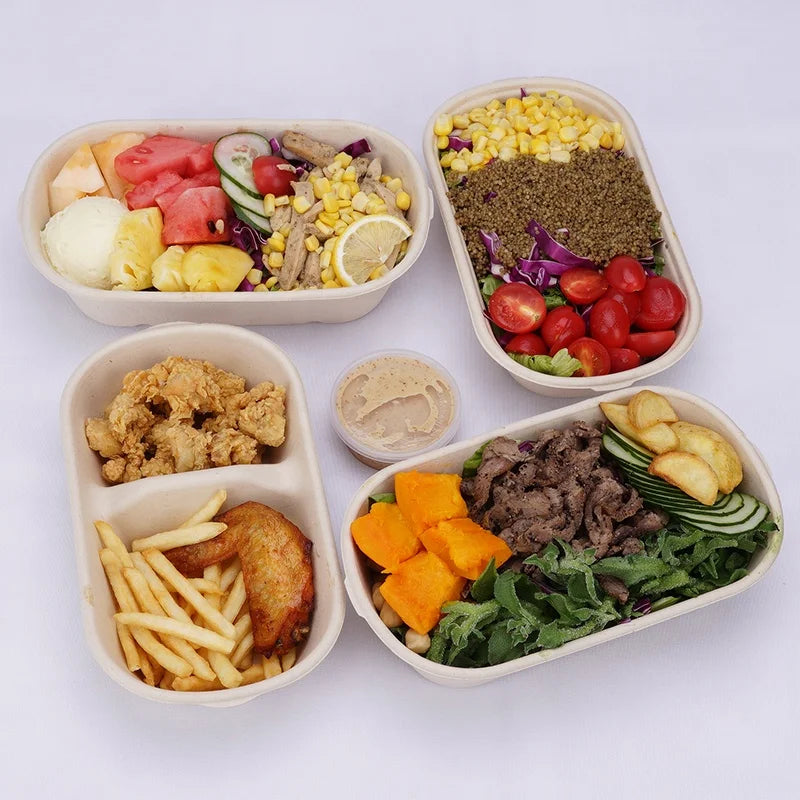 100% Compostable Waterproof Oilproof Paper Food Containers with Embossing 800ml Disposable Oval Lunch Box for Sushi & Noodle