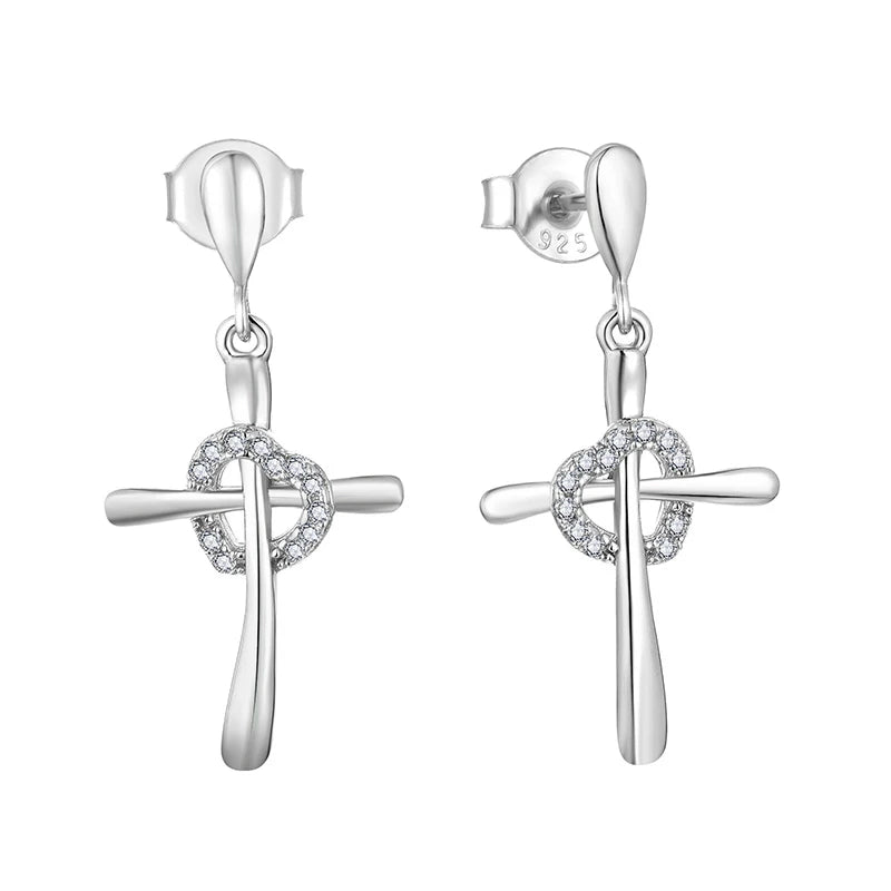 YH JEWELLERY Hot Selling Cute Design S925 Sterling Silver Cz Cross Heart Drop Earrings Silver Jewelry for Women