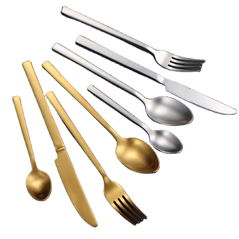 Stainless Steel Cutlery Flatware Set Stainless Steel Knife Fork Spoon Tableware Dishwasher Safe with Square Handle Design