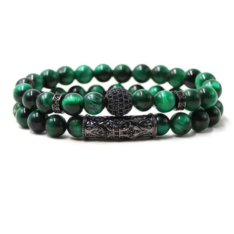 Hot-Sale 8 MM Natural Stone Bracelet Tiger Eye Micro-Inlaid Zircon Ball Charm Bracelet Energy Yoga Beads Bangle for Men