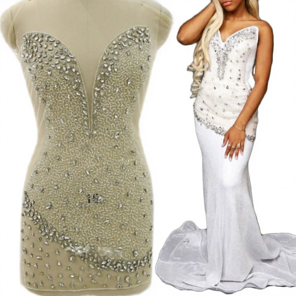 WDP-437 Keering Crystal Patches Luxury Haute Couture Bridal Dress Panel Rhinestone Back Bodice Applique for Dresses