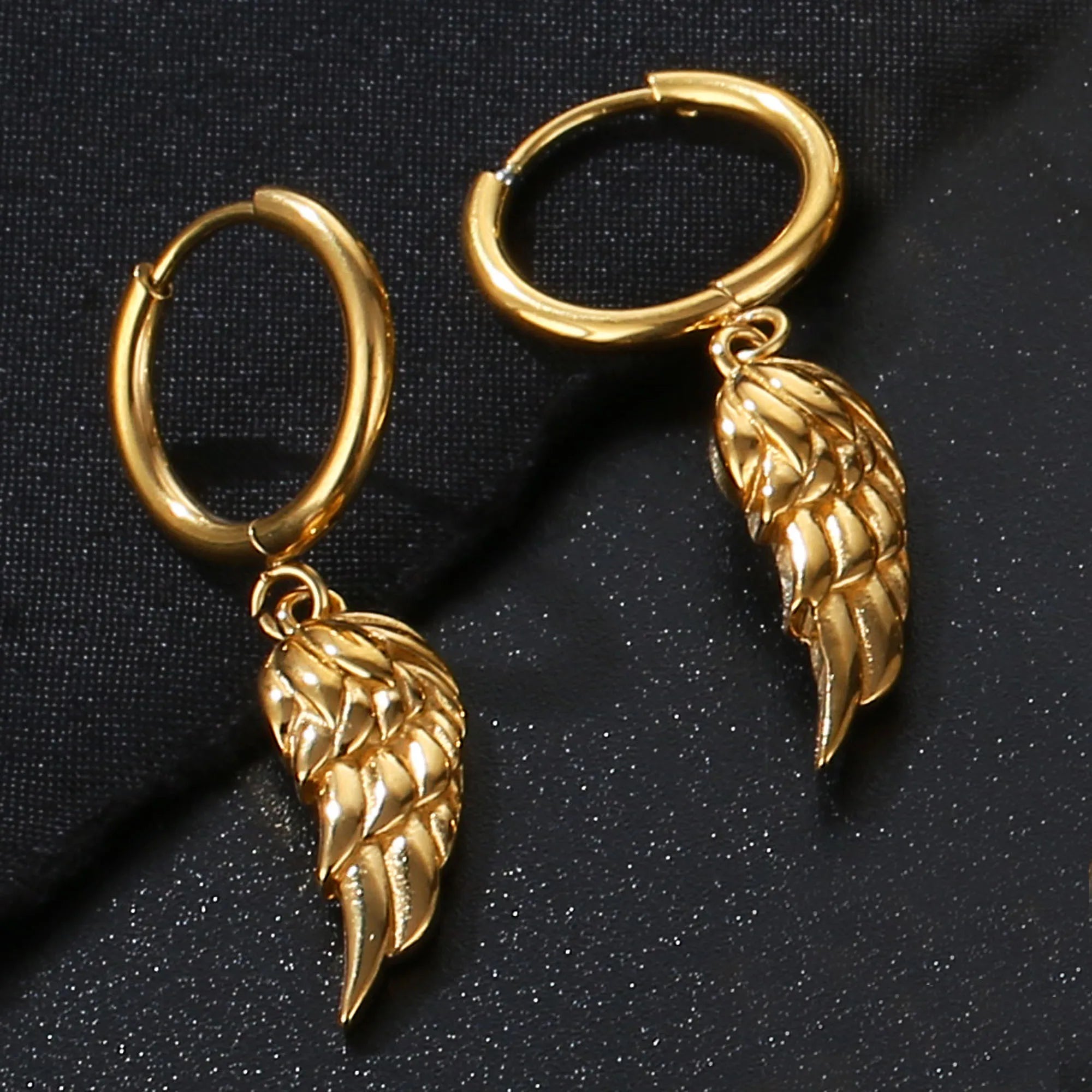 Tarnish Free Waterproof Gold Plated Stainless Steel Angel Wing Earrings for Jewelry Making Custom Small Round Hoop Earrings