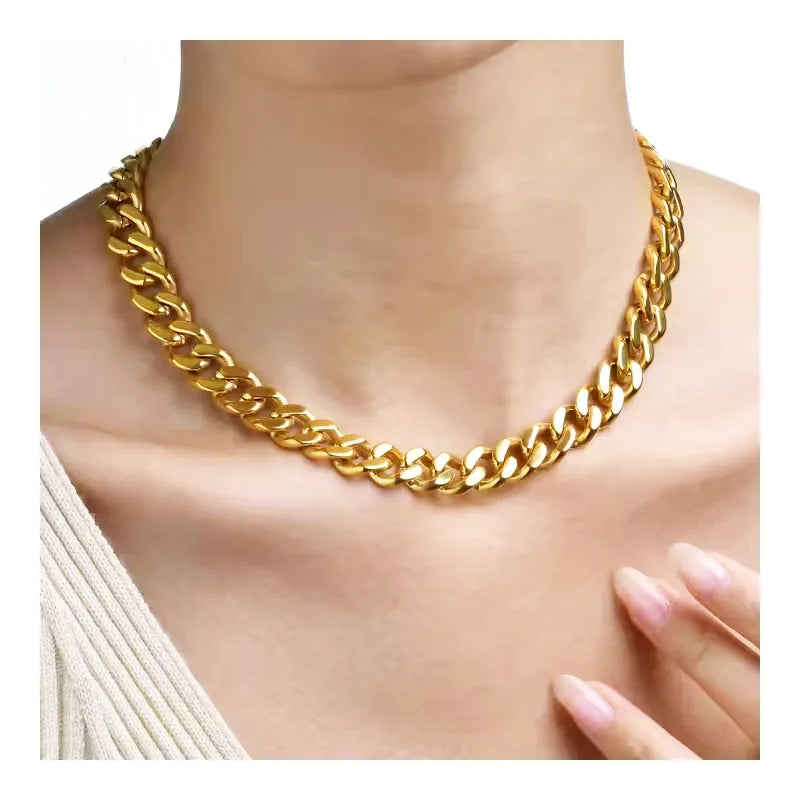 Stainless Steel Necklaces Cuban Grinding Link Chunky 15mm Chain Choker Jewelry 18K Gold Plated