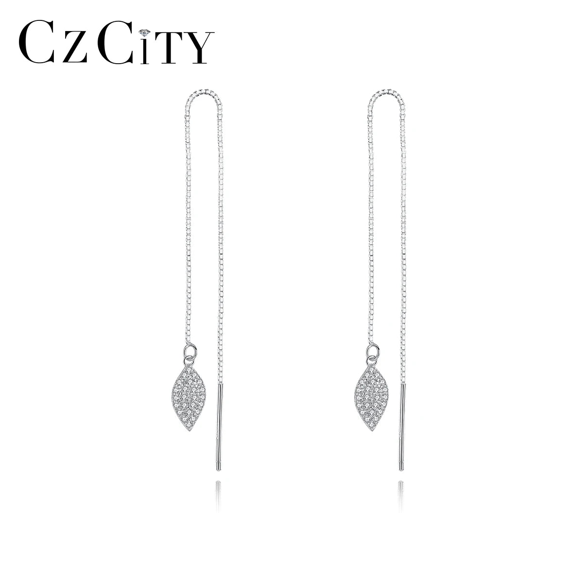 CZCITY Shine Cubic Zirconia 925 Sterling Silver Tassel Threader Dangle Earrings Long Chain Ear Line for Women