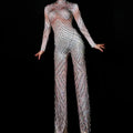Women Stage Outfit Evening Dresses Print Clubwear Birthday Rhinestone Jumpsuit Women Long Rhinestones Romper Jumpsuit