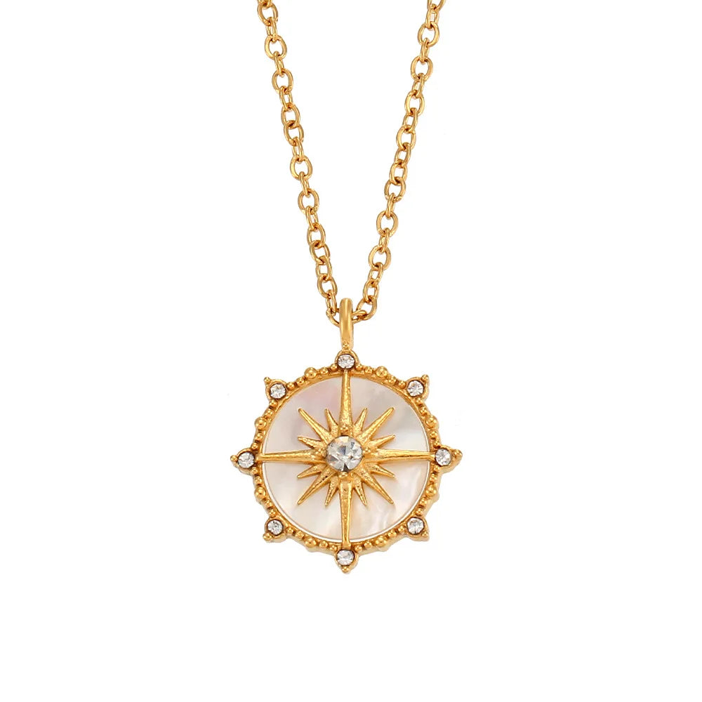 18K Gold Plated Compass Zircon Star Necklace Waterproof 316L Stainless Steel Link Heart-Shaped Coin Vintage Shell Unisex Vintage