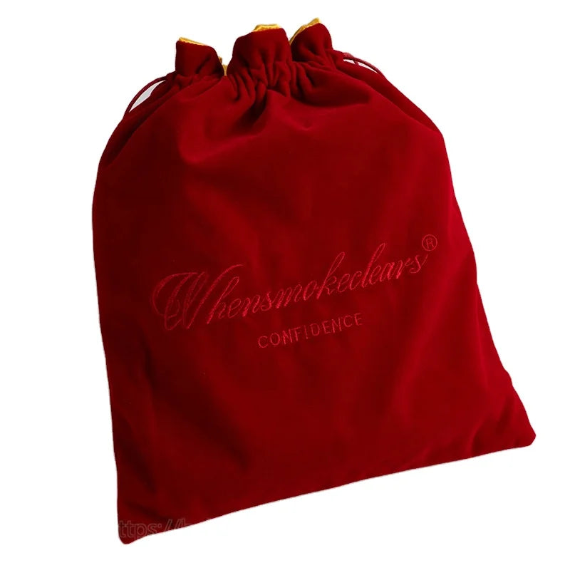 Custom Embroidery Logo Red Velvet Drawstring With Satin Lining Velour Cloth Packaging Bag