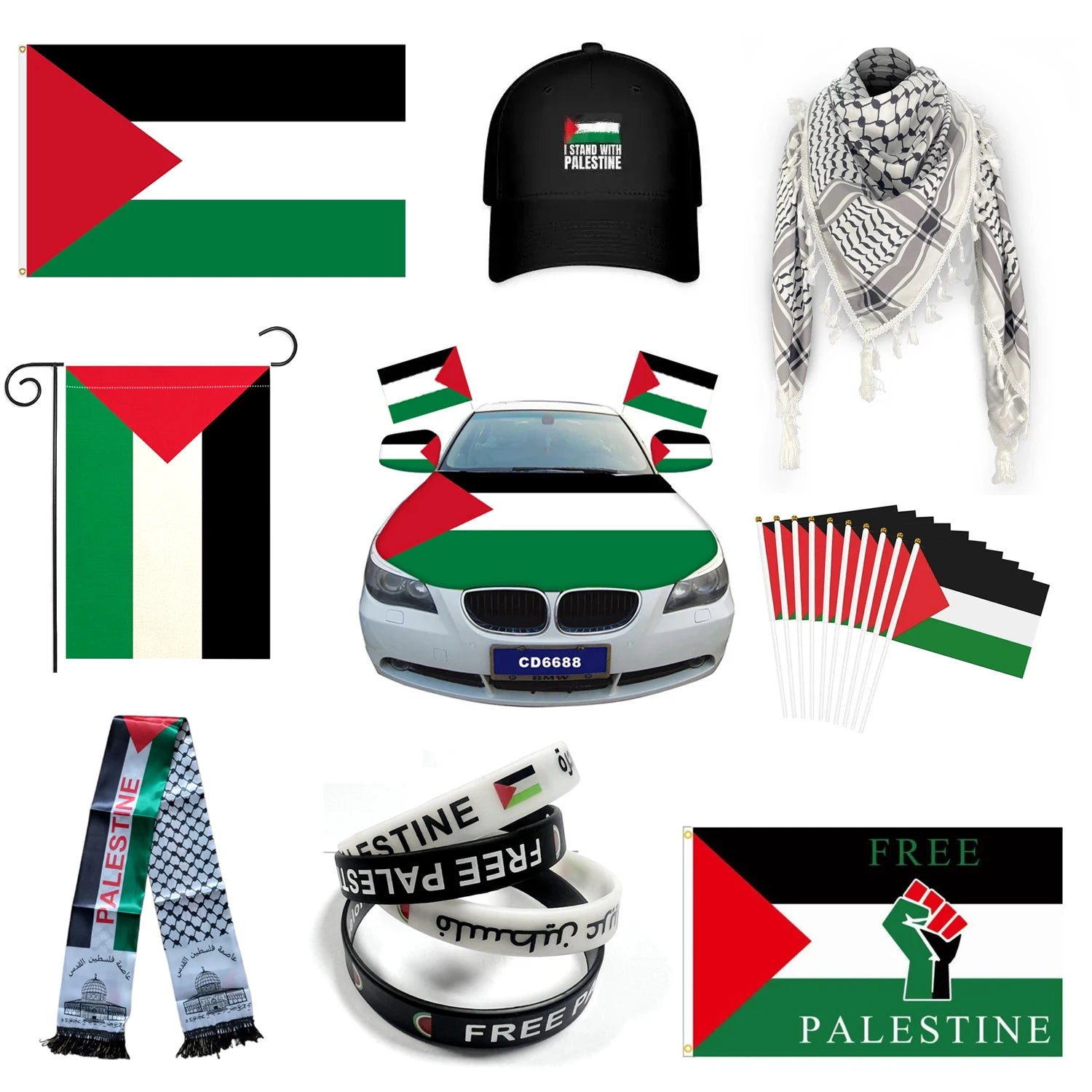 Free Palestine Large 3x5 Grade B Silk Scarf Premium Palestinian Wristband and Bag Flag