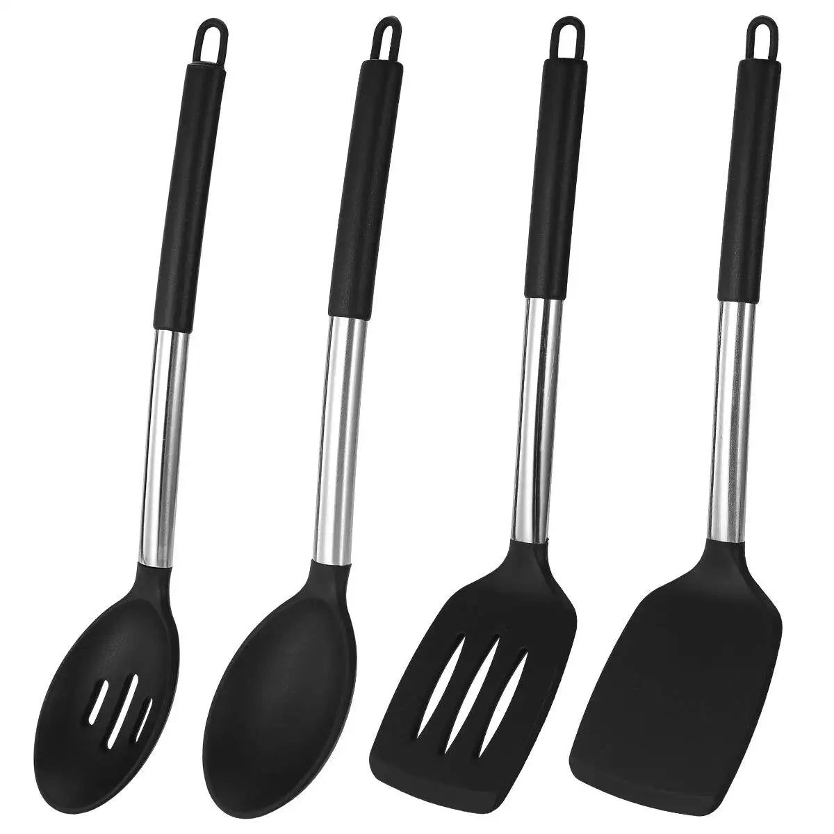 Manjia Heat Resistant Silicone Kitchen Cooking Utensils Accessories Set With Stainless Handles Slotted Turner Spoon