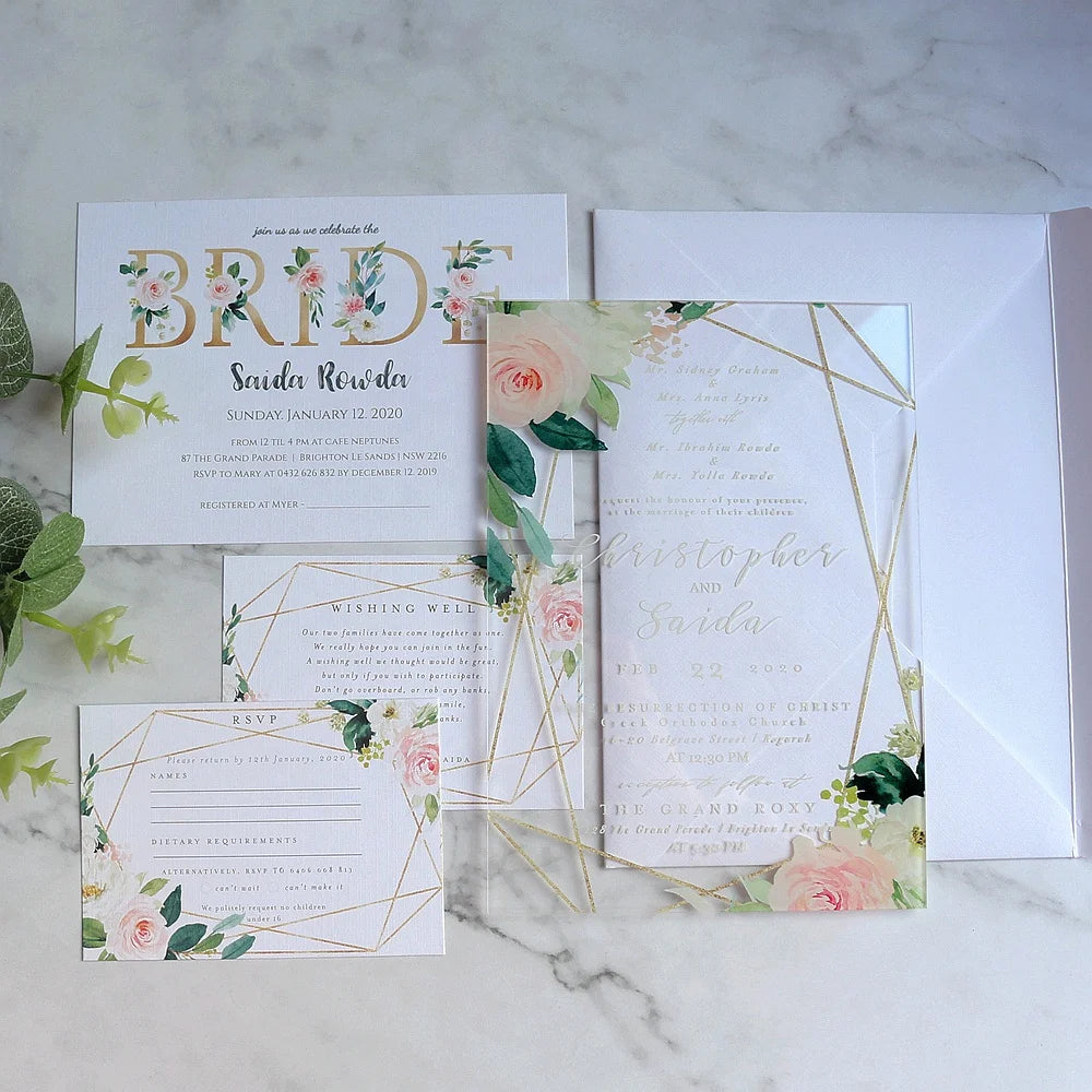 Creative Minimalist Floral Design UV Printed Clear Acrylic Wedding Invitation Set Hottest Watercolor RSVP Music Angel Paper