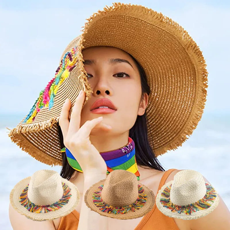 Wholesale Beach Hat Women's Summer Holiday Beach Straw Hat Sunshade Bohemian Style Tassel Top Hat