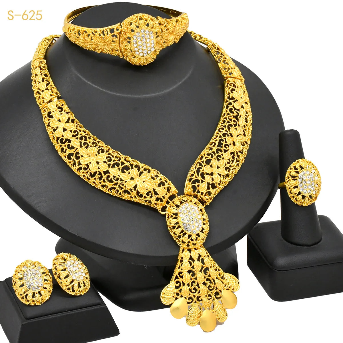 Wholesale Fashion Statement Indian Necklace Bracelet Earrings Rings Set 24k Gold Plated Saudi Arabia Dubai Wedding Jewelry Set