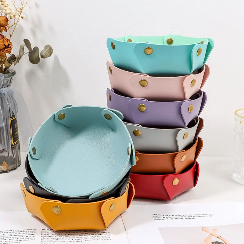 2 Size Circular Desktop Jewelry Holder Catchall PU Leather Valet Tray Table Organizer Foldable Storage Tray Decorative