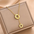 Hot Selling Titanium Steel Minimalist Female Roman Digital Zircon Necklace Double Ring Pendant Necklace