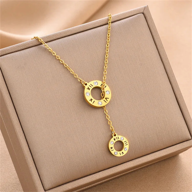 Hot Selling Titanium Steel Minimalist Female Roman Digital Zircon Necklace Double Ring Pendant Necklace