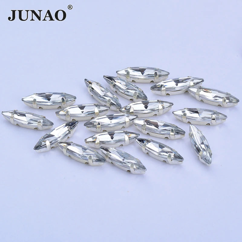 JUNAO 4*15mm Acrylic Horse Eye Clear Flatback Crystal Strass Sew on Claw Rhinestone for Wedding Dress